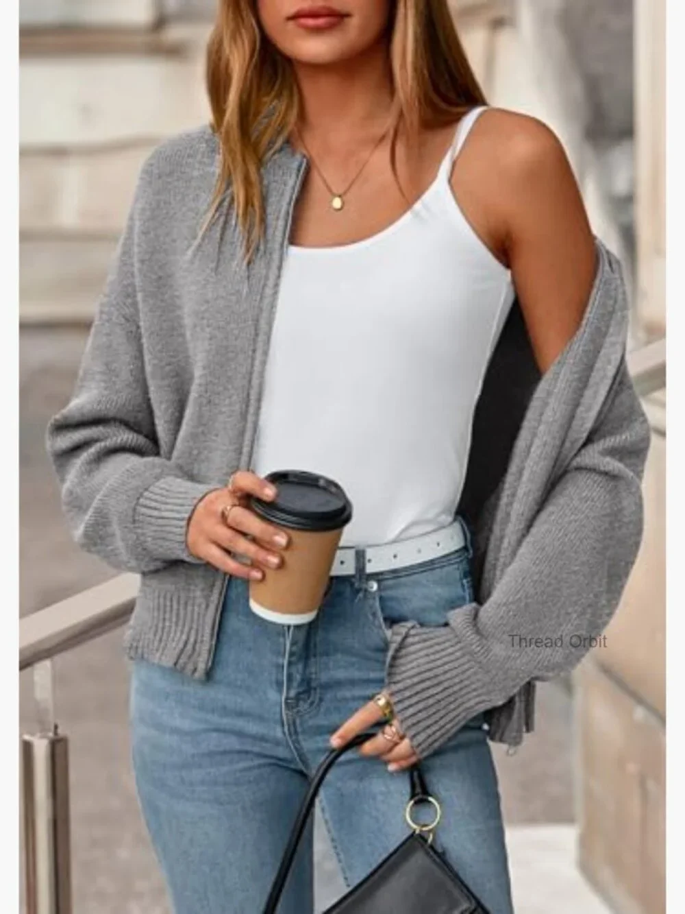 Chunky Ribbed Knit Cardigan Sweater, Open Front Zipper, Cozy Outerwear - Picture 4 of 7